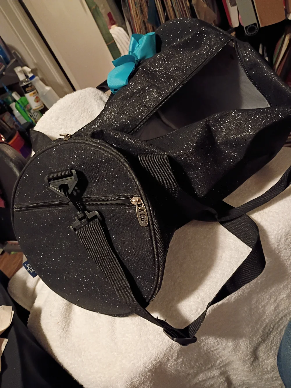 Source Unknown Black Tote with Teal Embroidery and Teal Bow